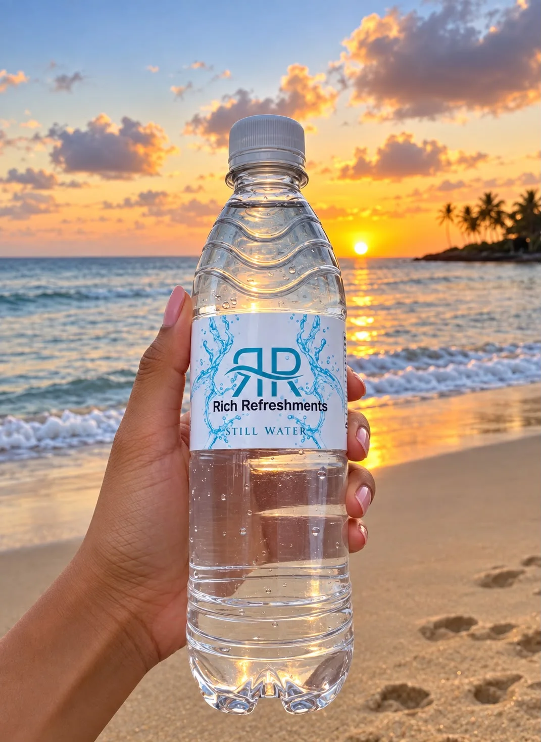Rich Refreshments signature bottle held by the sea at sunset