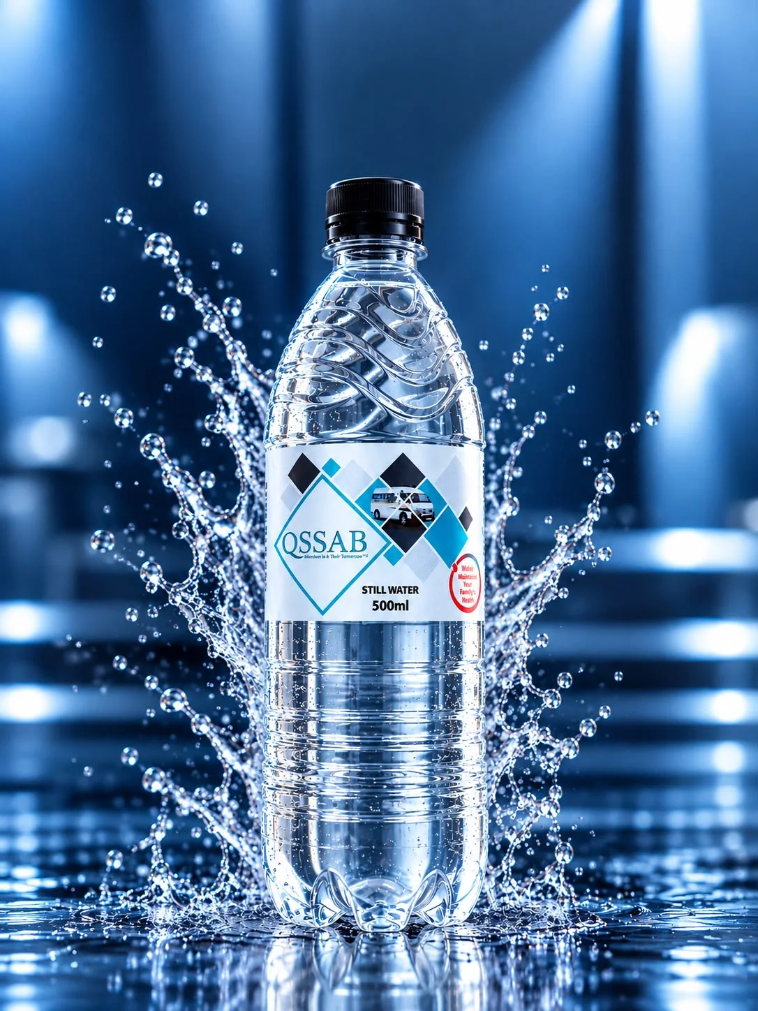 Custom-branded water bottles with red caps
